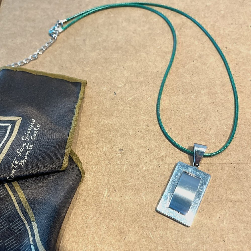 Silver Metal Geometric Pendant W/ Green Cord Size 17.5 " Necklace, 1.5" * .75" P